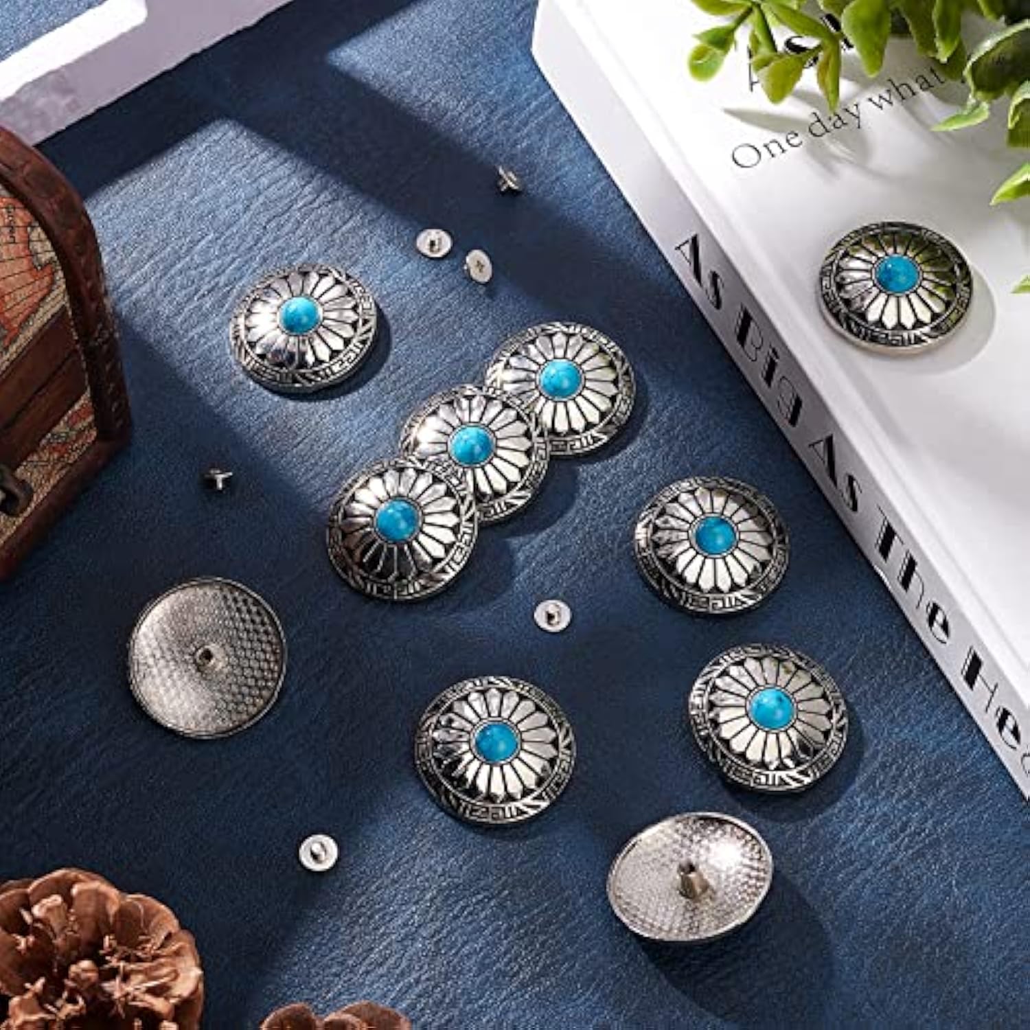 1 Box 10Pcs 30Mm Screw Back Buttons Round Vintage Western Style Blue T