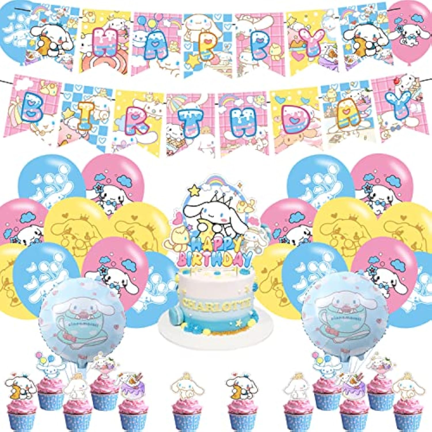 Cartoon Dog Party Set - Kawaii Banner, Cake Topper, Balloons for Kids Birthday