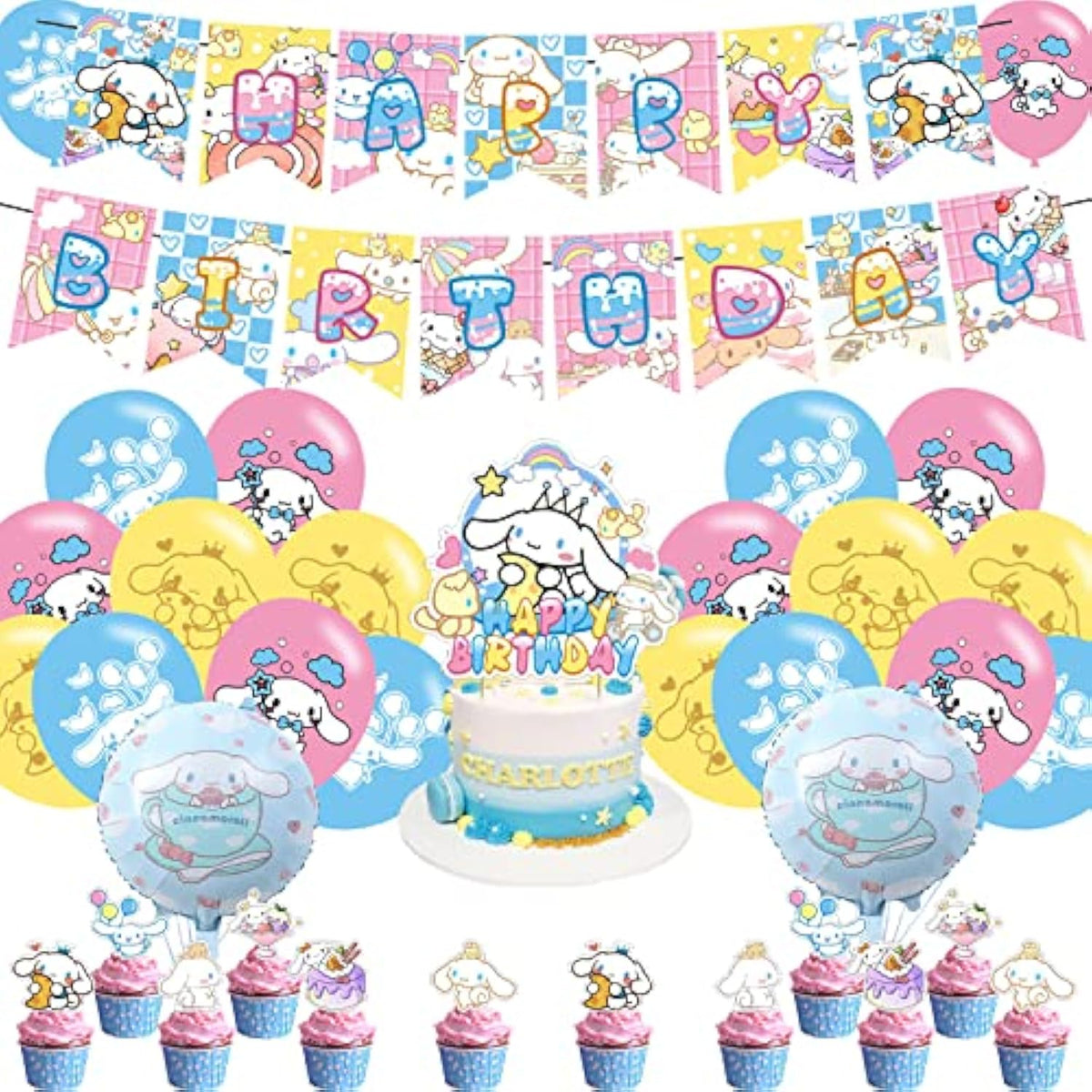 Cartoon Dog Party Set - Kawaii Banner, Cake Topper, Balloons for Kids Birthday