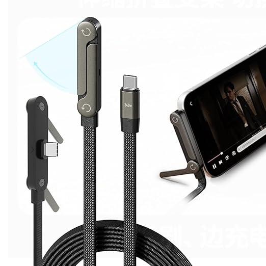 240W 5FT USB C to USB C Fast Charging Cable with Invisible Foldable Phone Stand Black