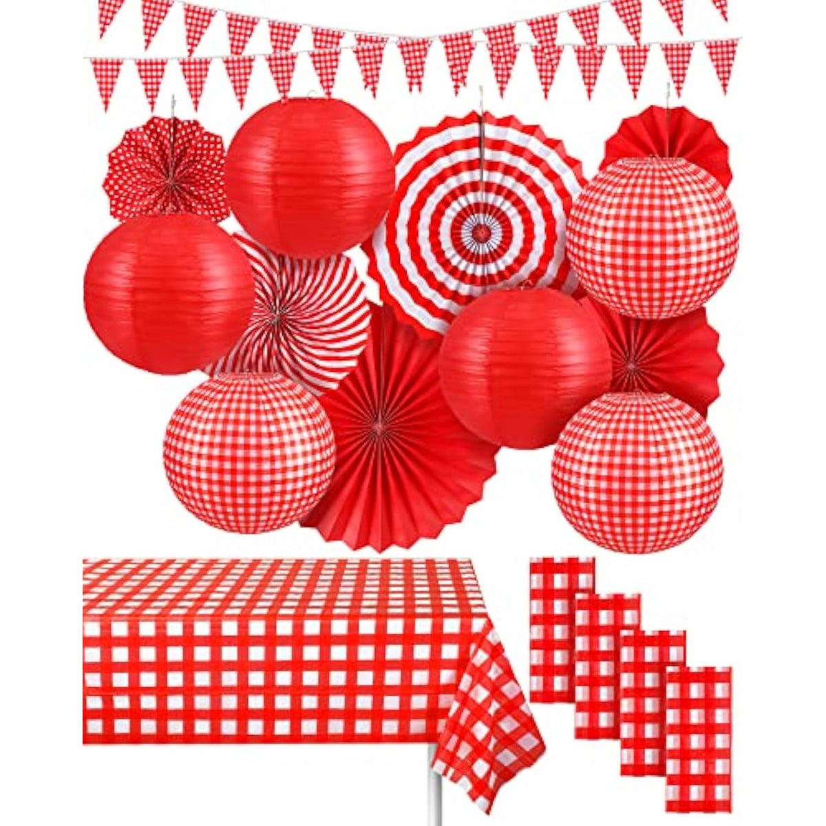 18pc Red Picnic Party Décor Set – Banner, Fans, Lanterns & Tablecloth for BBQ Events