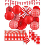 18pc Red Picnic Party Décor Set – Banner, Fans, Lanterns & Tablecloth for BBQ Events