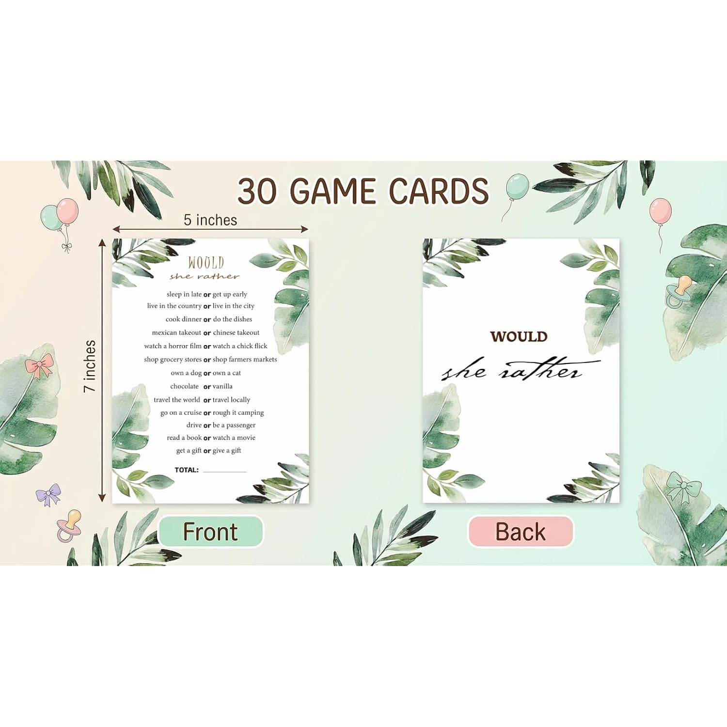30Pcs Spring Greenery Baby Shower Games, Eucalyptus Would She Rather Bridal Shower Game, Gender Reveal Game, Sage Green Baby Shower Decorations
