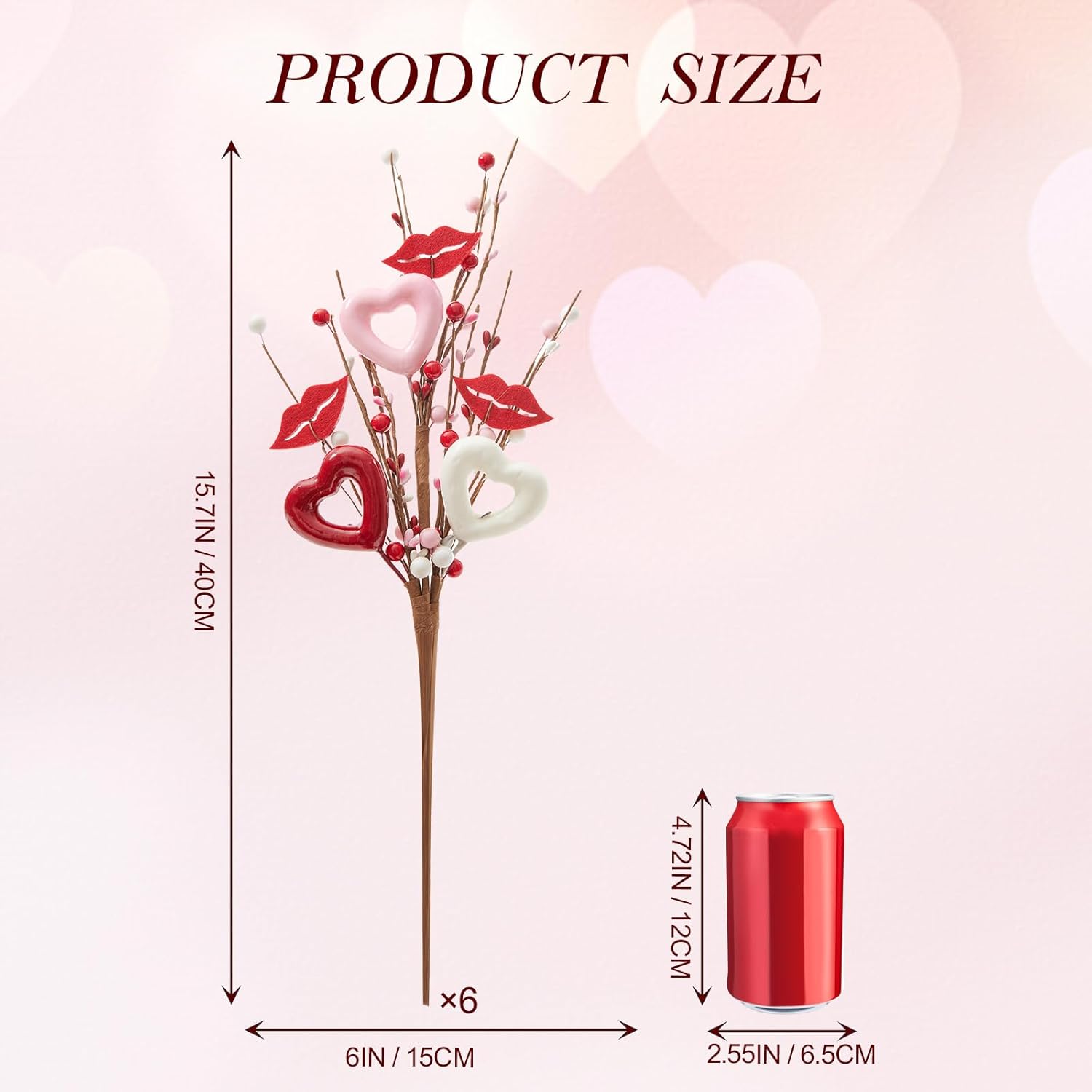 6Pcs Valentine'S Picks, Valentine Floral Picks Heart Lip Stems With With Red Pink White Berries, Valentines Day Artificial Flowers Arrangement For Valentines Wedding Gifts Home Decor