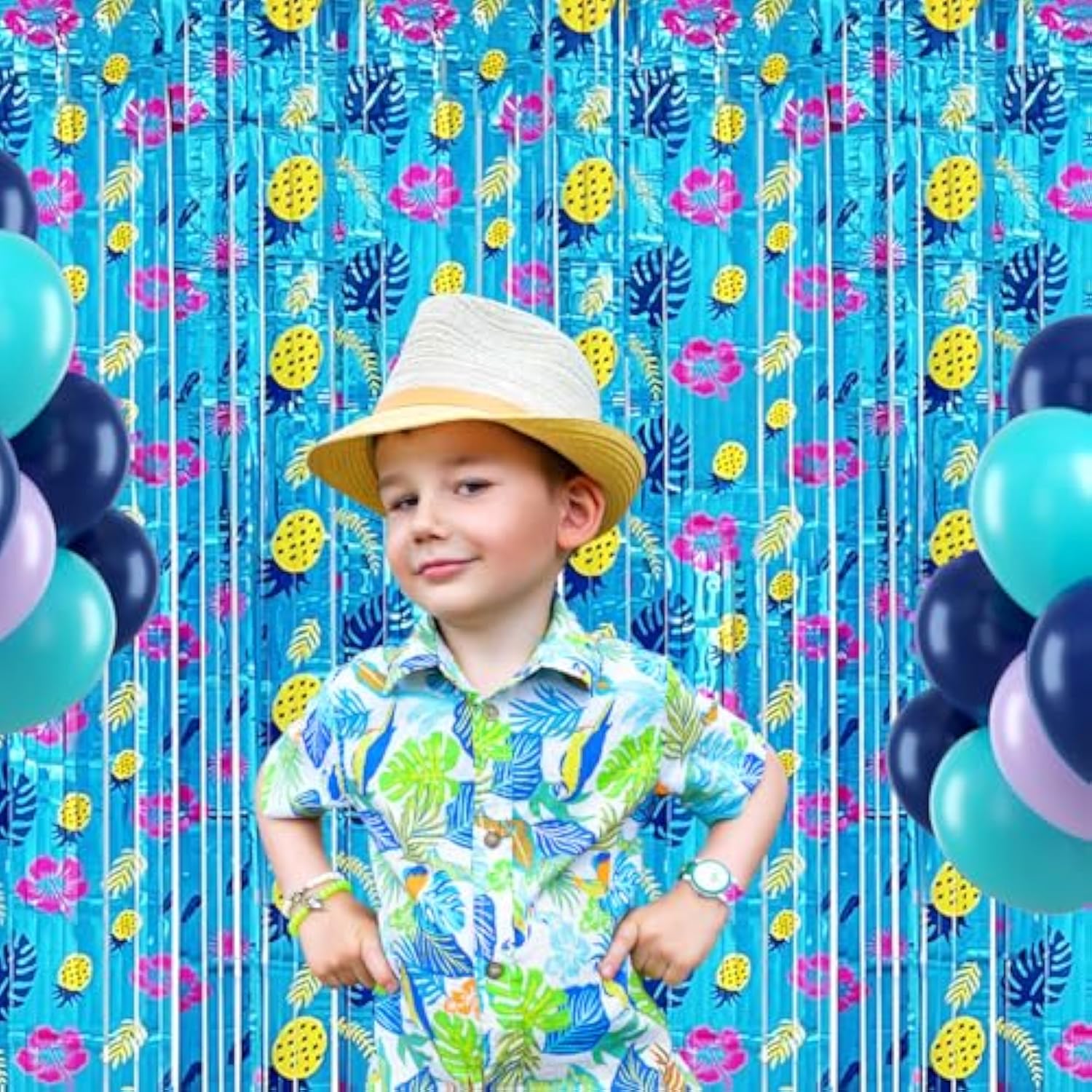 Cartoon Birthday Party Supplies 2Pcs Hawaiian Tropical Foil Fringe Curtains for Kids Party