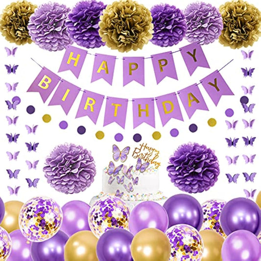 Purple Birthday Decorations For Women Girls Butterfly Hanging Garland Happy Birthday And Circle Dots Banner Purple Gold Balloons Paper Flowers Cake Toppers For Party Decor Supplies