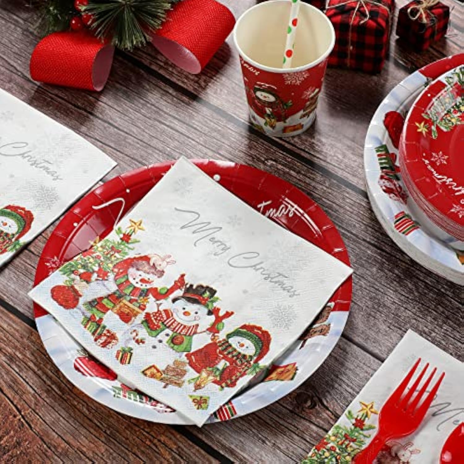 Christmas Snowman Party Supplies, Christmas Snowman Plates And Napkins Set, Disposable Paper Plates Napkins Cups Knives Spoons Forks For Merry Christmas Winter Holiday Party Decorations, Serve 25