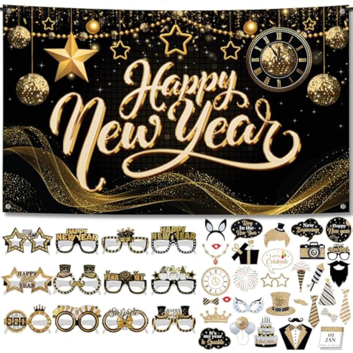 46pcs Huge Happy New Year Decorations Set Backdrop Photo Booth Props 2026