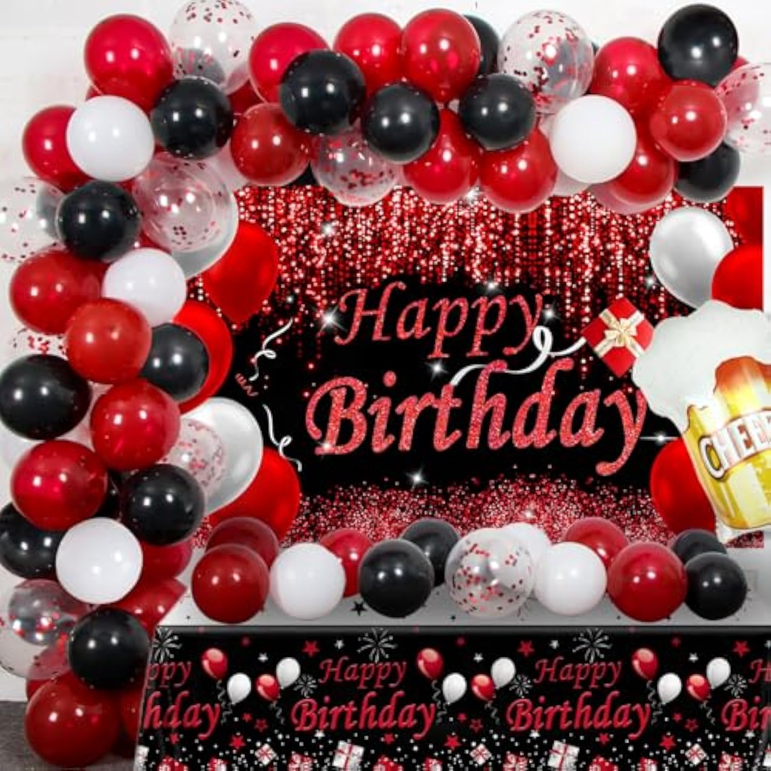 Red And Black Party Decorations, Happy Birthday Decorations For Men Women With Photography Backdrop & Tablecloth Balloons Arch Kit Banner Birthday Party Supplies Bday Decor With Table Cover