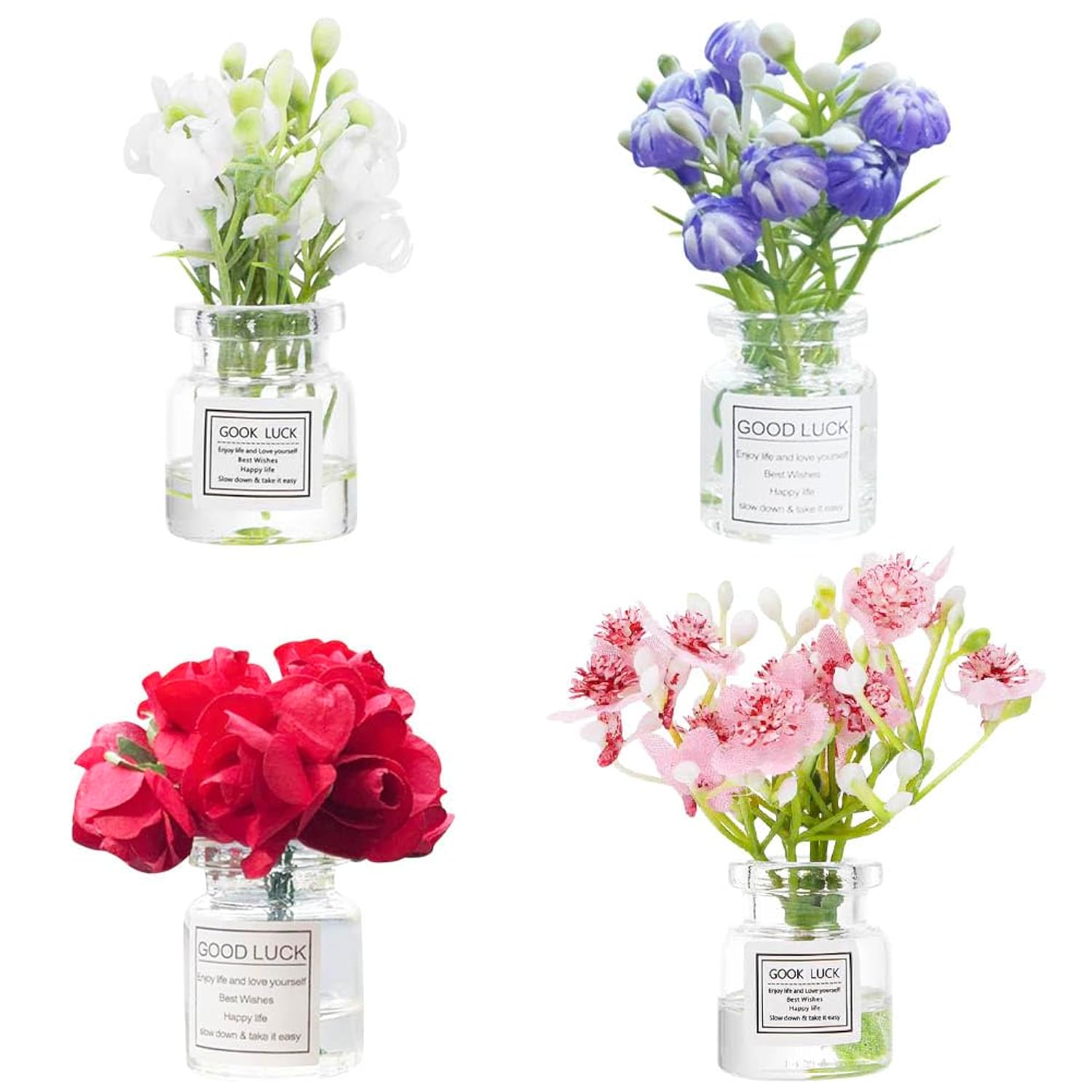 Set Of 4 Cute Mini Rose Flower Vase Car Dashboard Decorations Self-Adhesive Mini Vase With Artificial Flowers Ornaments Car Interior Accessories,Jasmine+Cherry Blossom+Rose+Lavender
