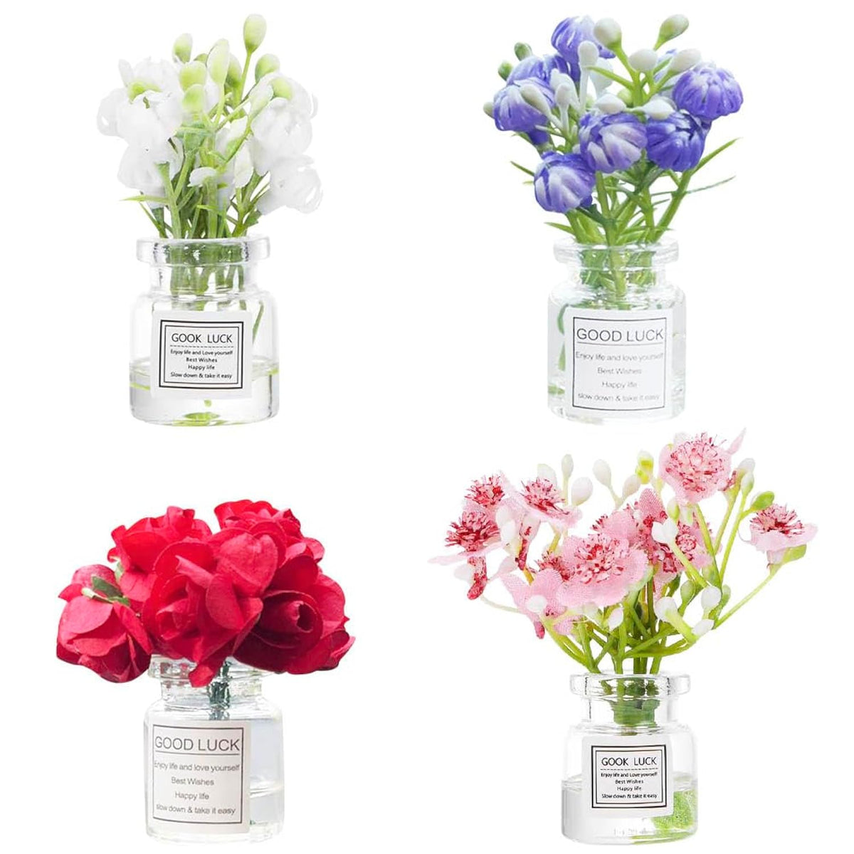 Set Of 4 Cute Mini Rose Flower Vase Car Dashboard Decorations Self-Adhesive Mini Vase With Artificial Flowers Ornaments Car Interior Accessories,Jasmine+Cherry Blossom+Rose+Lavender
