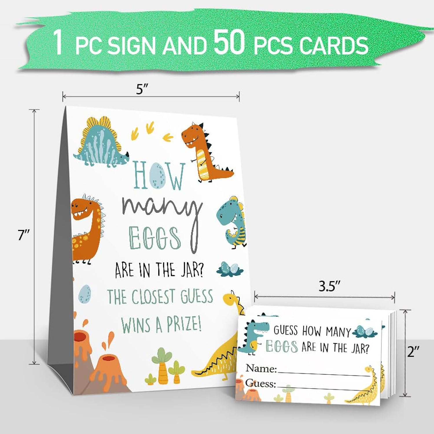 Baby Shower Games Guess How Many Eggs Sign(1 Standing Sign-50 Guessing Cards) Dinosaur Theme Party Activities Decorations Game Cards Kit For Baby Showers, Newborn Parties, Birthdays Decorations-34
