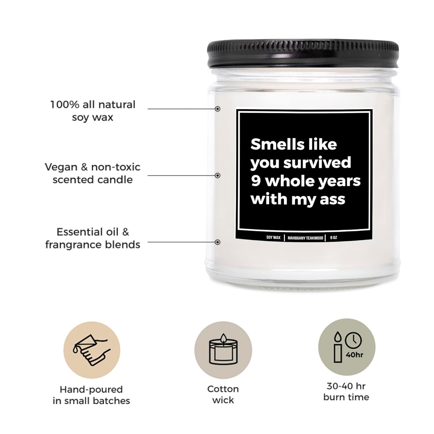You Nique Designs 9Th Anniversary Candle For Husband, Wife 9Oz Candle, 9 Year Gift Idea For Him, Her, 9Th Wedding Anniversary Present For Him, Women, Men, Couple (Mahogany Teakwood)