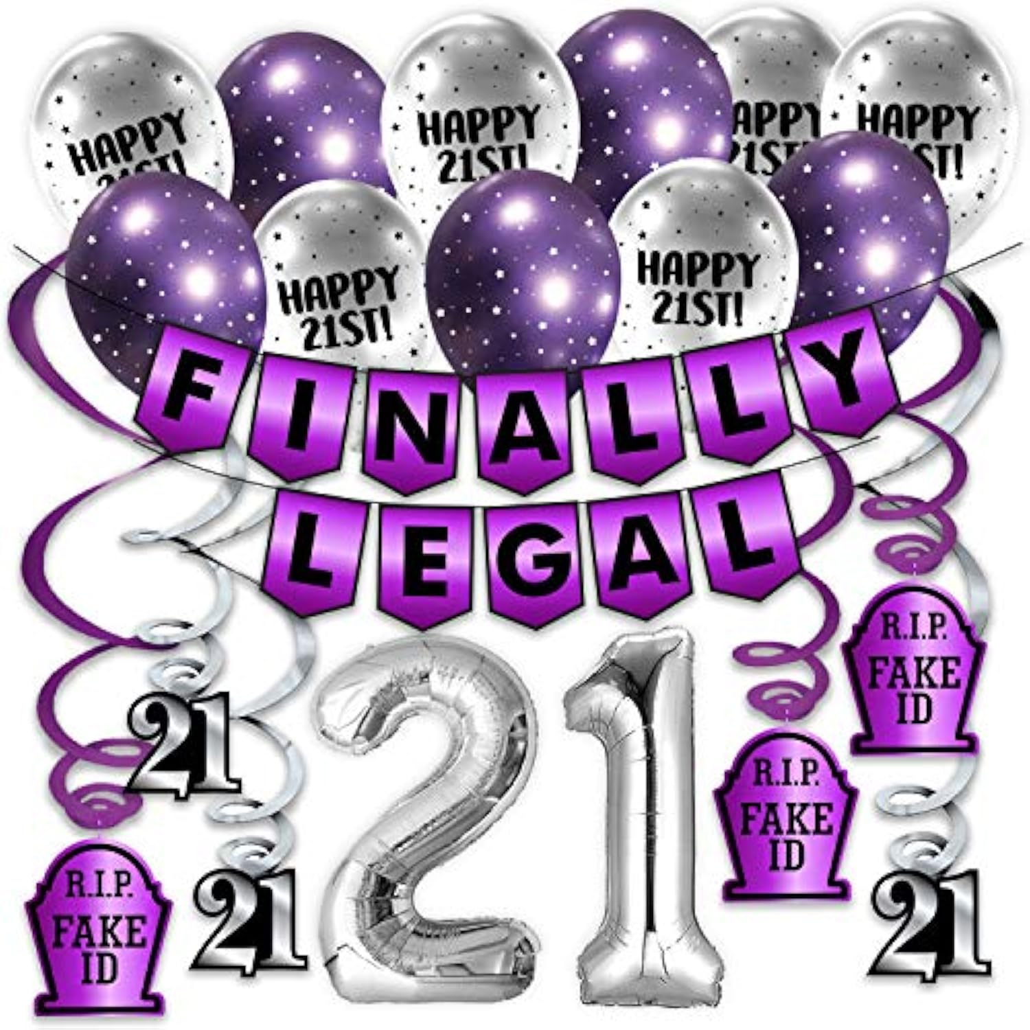 Finally Legal Purple Party Pack - Pre-Strung Banner, Balloon And Swirls - 21St Birthday Decorations For Him Or Her - Party Supplies And Gifts