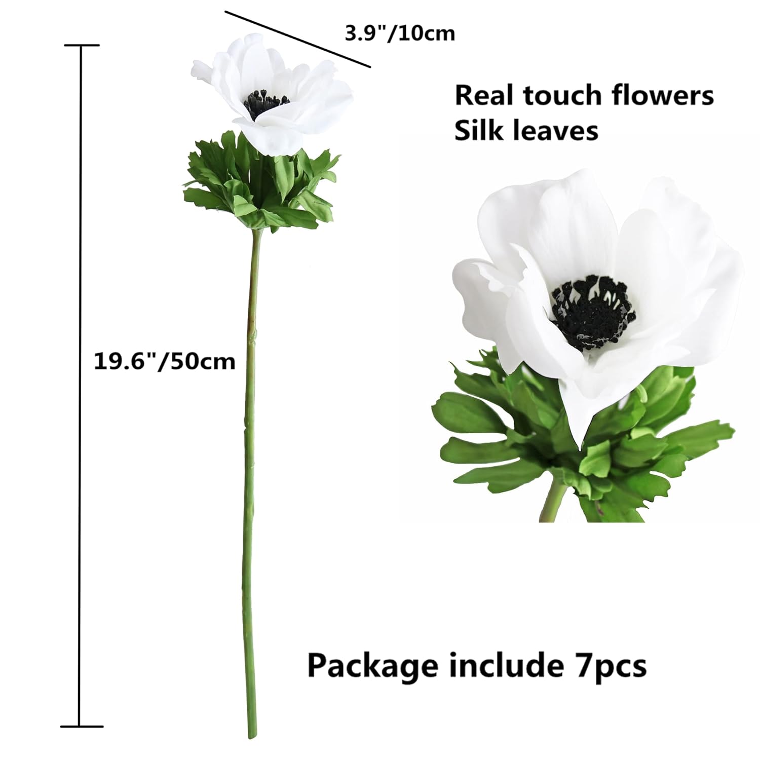 7Pcs Anemone Artificial Flowers Real Touch Silk Flower Wedding Bride Bouquet Diy Home Decor (White)