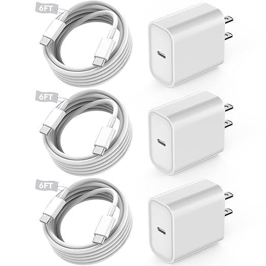 3 Pack 20W USB C Fast Charger with 6FT USB C Cable for iPhone 17 16 15 iPad Wall Charger