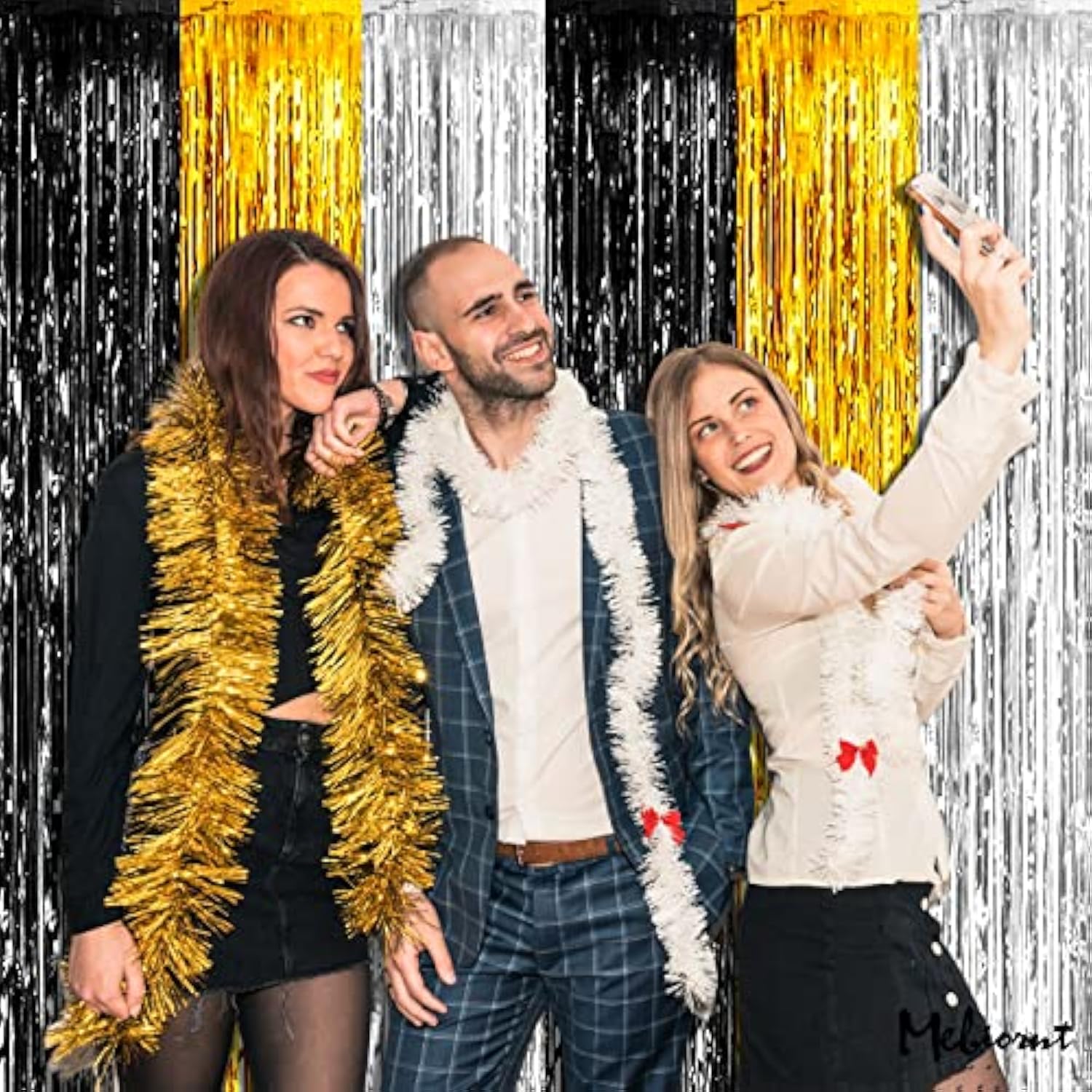 4 Pack 3.2Ft X 6.6Ft Black Gold Silver Fringe Curtain Backdrop, Metallic Tinsel Foil Fringe Streamers Curtains Background For Wedding Notorious One Birthday Roaring 20S Graduation Party Decoration