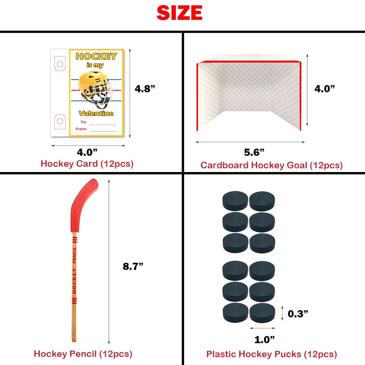 12 Pack Hockey Valentine'S Day Cards, Pencils With Erasers, Mini Hockey Pucks, Hockey Goal For School Classroom Gift Exchange, Valentine Party Favor Supplies