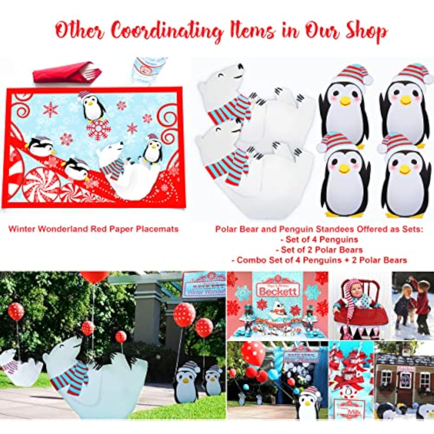 Winter Wonderland Large Invitations - 10 Invitations 10 Envelopes - - Penguin Party Supplies - Penguin Party Decorations - Winter Birthday Party - Penguin Birthday - Winter Onederland Party - Red