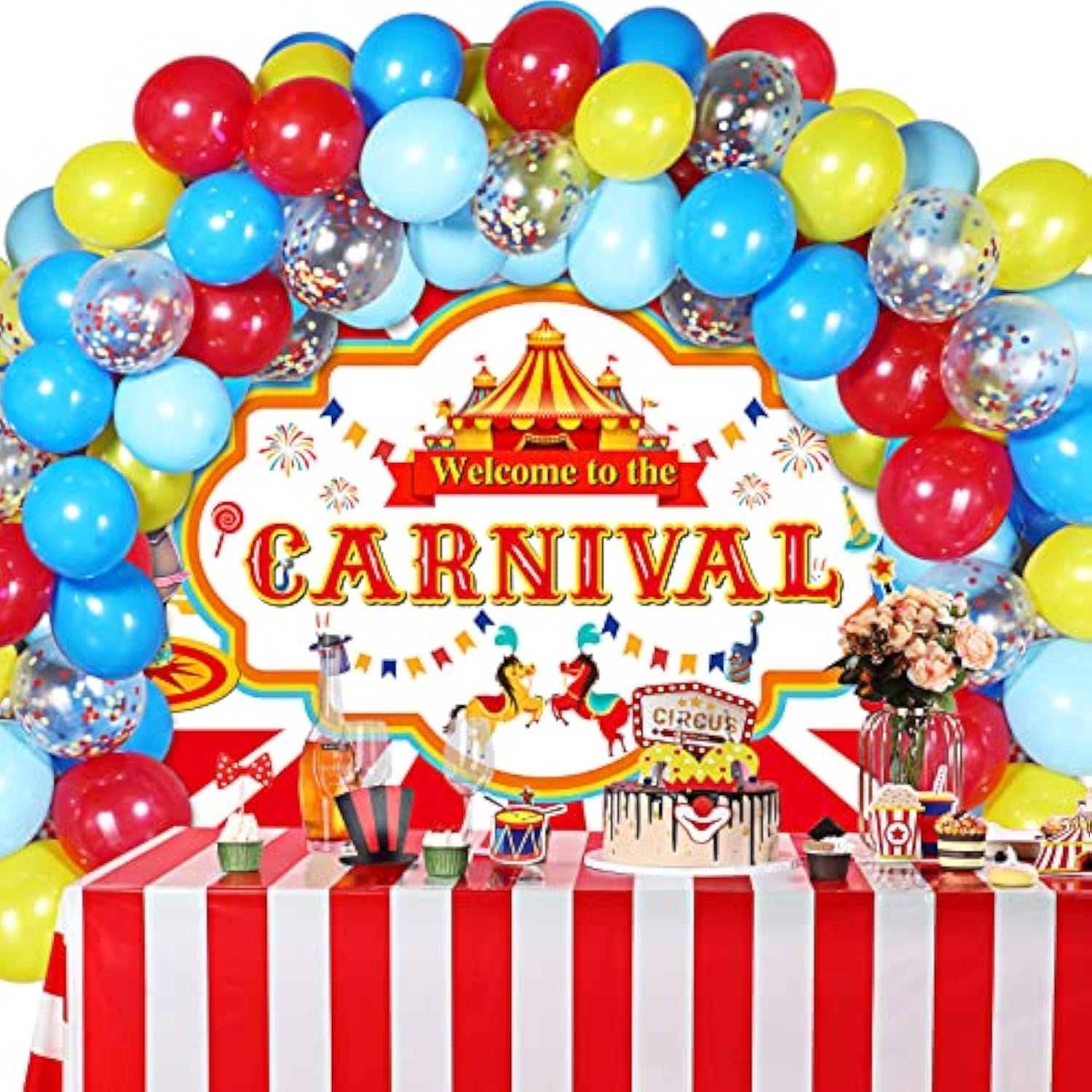 Circus Carnival Party Decoration Including Circus Confetti Balloons Kit Carnival Photography Backdrop Banner Party Tablecloths For Kids Boys Girls Birthday Decorations Supplies