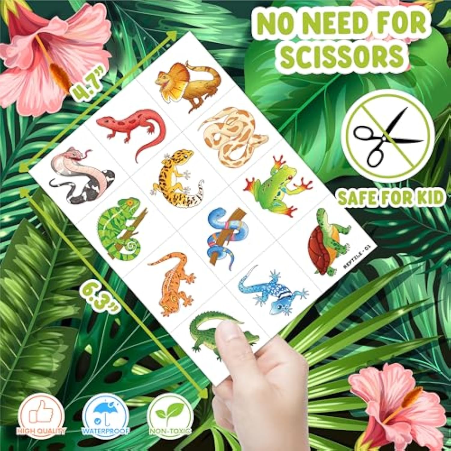 96 Pcs Reptile Animal Safari Jungle Lizard Pre-Cut Temporary Tattoos For Kids | Super Cute Themed Birthday Party Favors, Supplies, Decorations, Fake Tattoo Stickers (Multiple)
