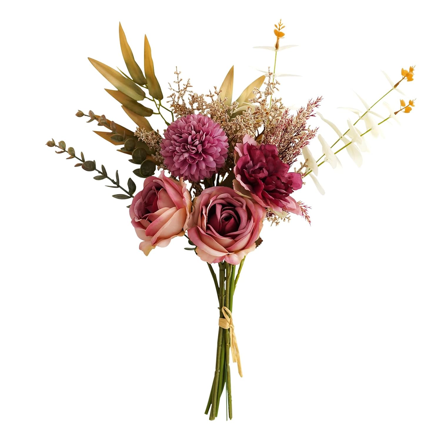 Artificial Mixed Flower Bouquet - Roses, Globe Chrysanthemum & Peonies Fake Flowers For Home Decor, Centerpiece, Party Arrangements, Wedding (Red)