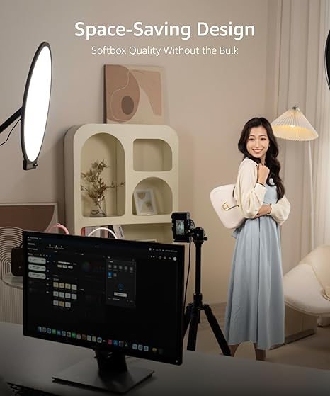 60W Bi Color LED Video Light 22 Inch Circular Edge Lit Panel with APP Control Desk Clamp Stand for Streaming and Office