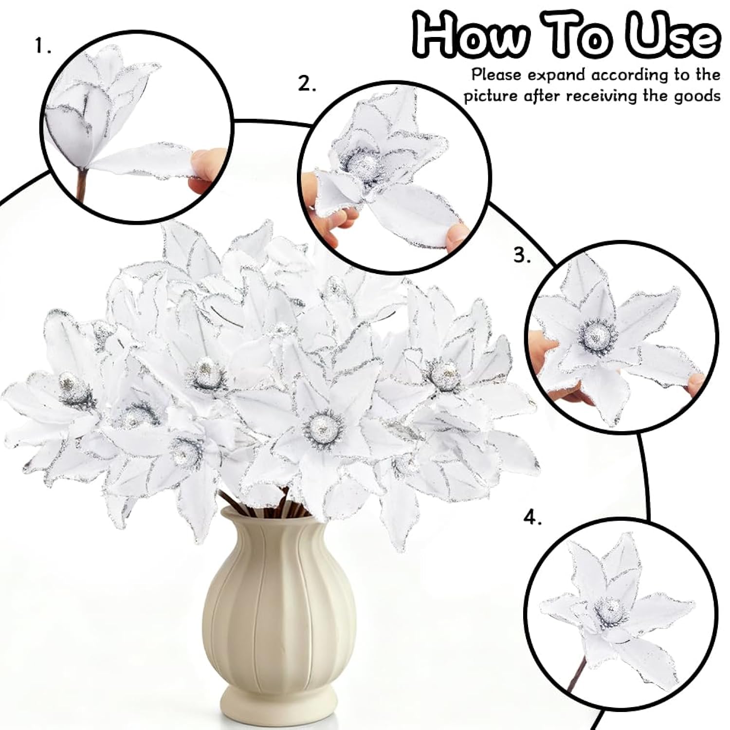 10Pcs Christmas Magnolia Flowers White Silver Artificial Flowers For Holiday Party Home Vase Decoration Glitter Velvet Magnolia Stems For Christmas Tree Wreath Decor