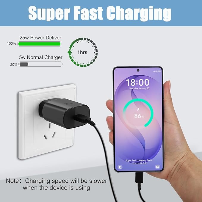 25W USB C Super Fast Charger with 10FT Type C Cable Fast Charging Block for Samsung Galaxy S26 S25 S24 S23 iPhone 17 16