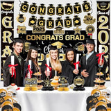 Graduation Decorations Class Of 2025 - Black And Gold Graduation Party Decorations With Congrats Grad Banner, Grad Backdrop, Porch Banner, Balloons, Centerpieces, Hanging Swirl For Grad Party