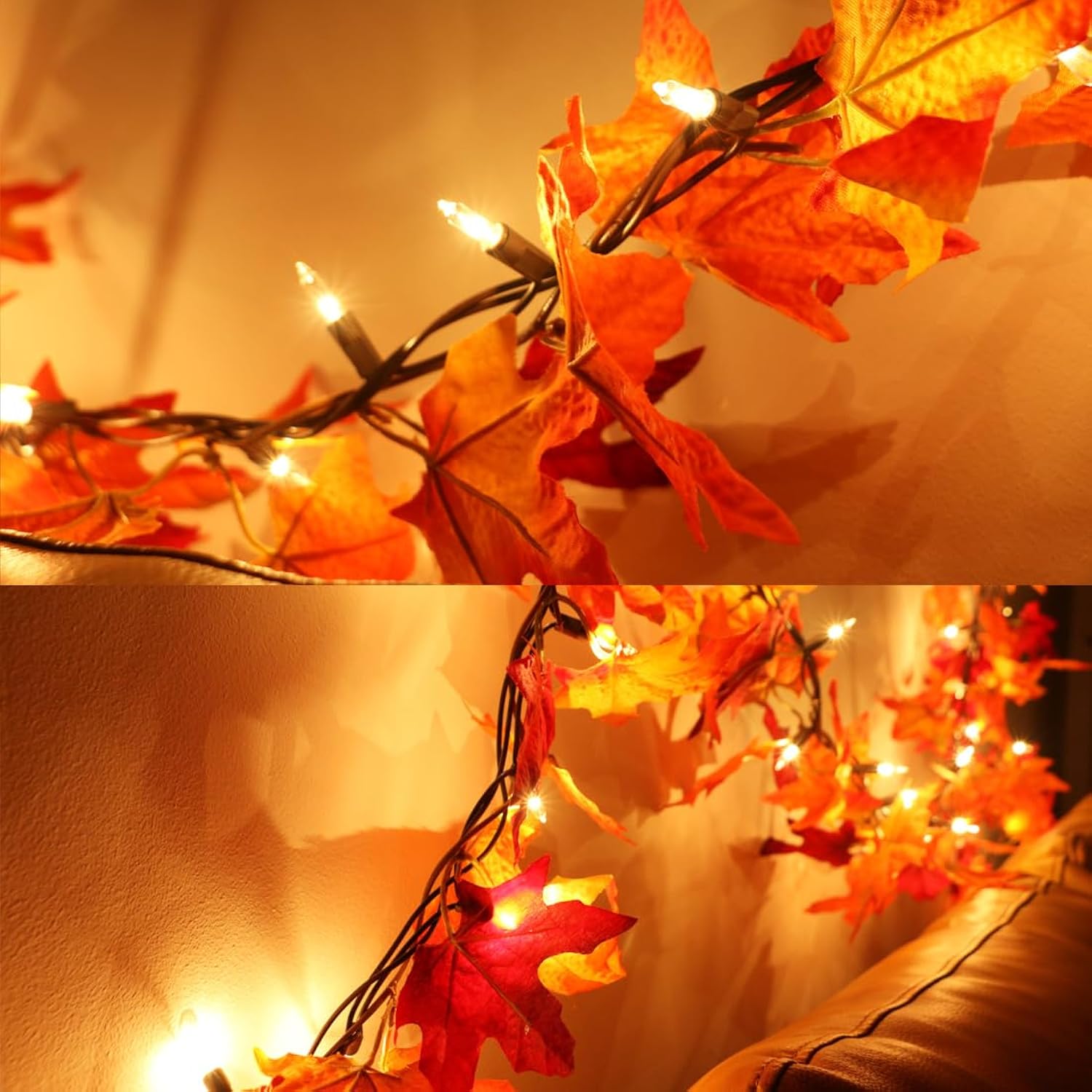 Halloween Decor Garland With Lights Plug In String Lights, Autumn Leaf Fairy Light For Festival Lighting Strings Indoor