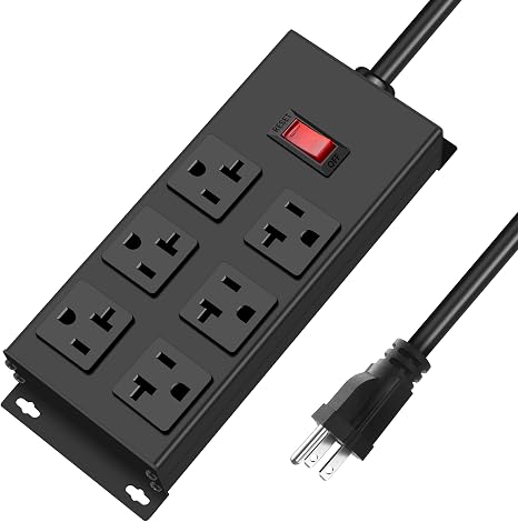 Heavy Duty 20A Metal Power Strip 6 Outlets 3000J Surge Protector 12 Gauge 6FT
