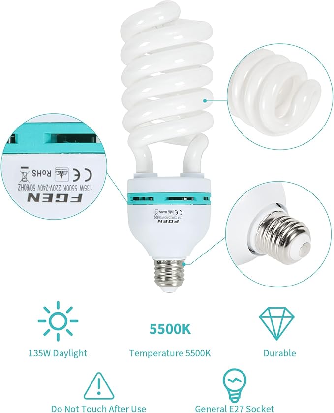 2 Pack 135W CFL Photography Light Bulbs 5500K Daylight Spiral Softbox E27 Studio Lighting