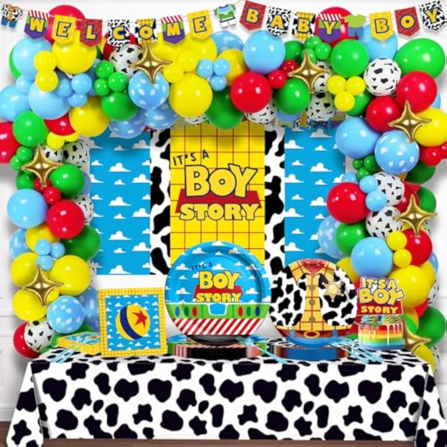 Cartoon Toy Baby Shower Decorations For Boys, Blue Toy Inspired Story It’S A Boy Story Supplies, Backdrop Balloon Garland Banner Tablecloth Cake Topper Tableware Plates Napkins Forks