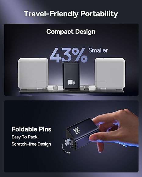 100W 3 Port USB C Fast Wall Charger Foldable Compact Power Adapter for MacBook iPhone iPad Samsung