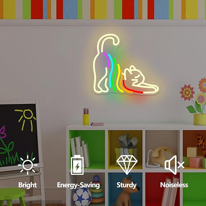 Cat Rainbow Neon Sign Dimmable LED Kitten Wall Light for Bedroom Kawaii Room Decor Gifts for Girls Kids