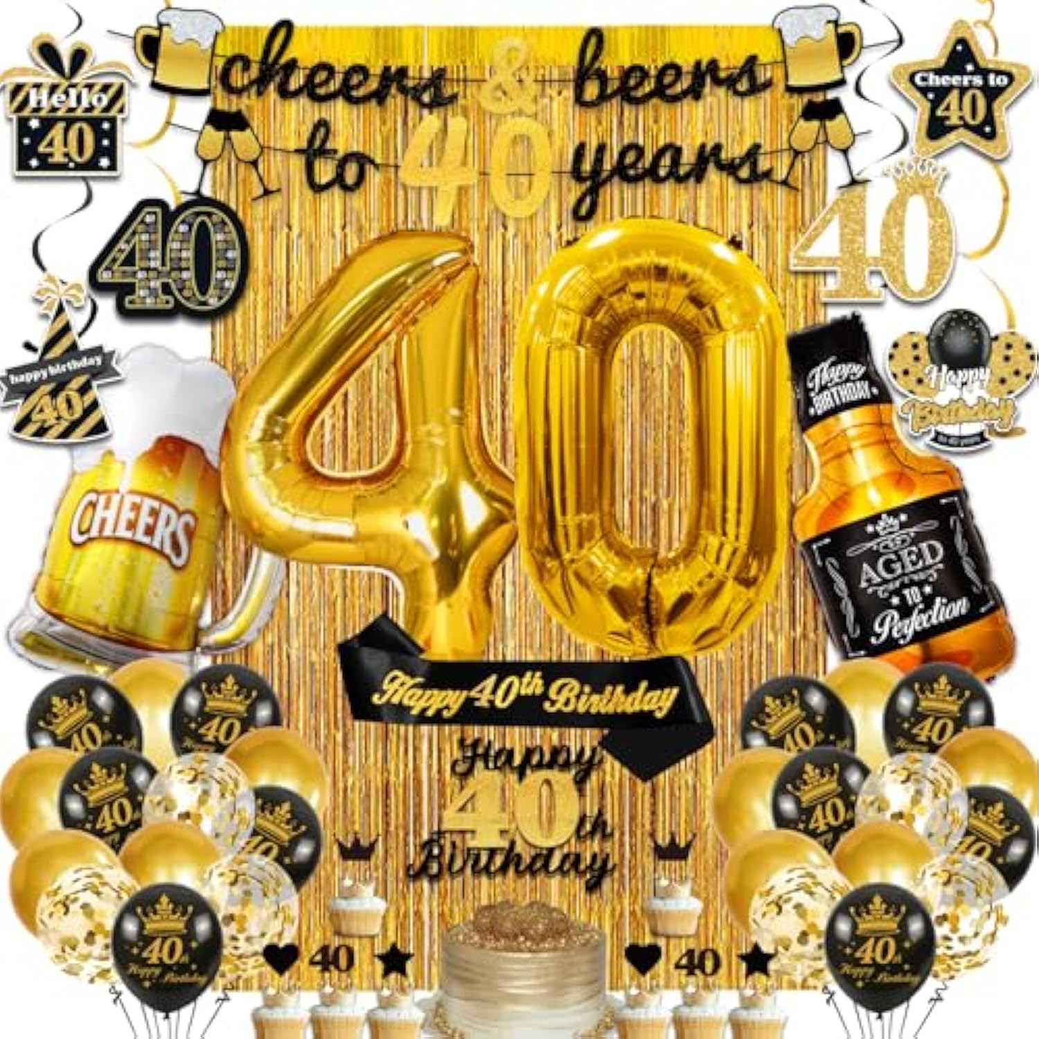 40Th Birthday Decorations For Him, 40Th Birthday Party Decorations Black And Gold Decorations With Gold 40 Number Balloons,Cheers To 40 Years Banner For Men Happy 40Th Birthday Decorations