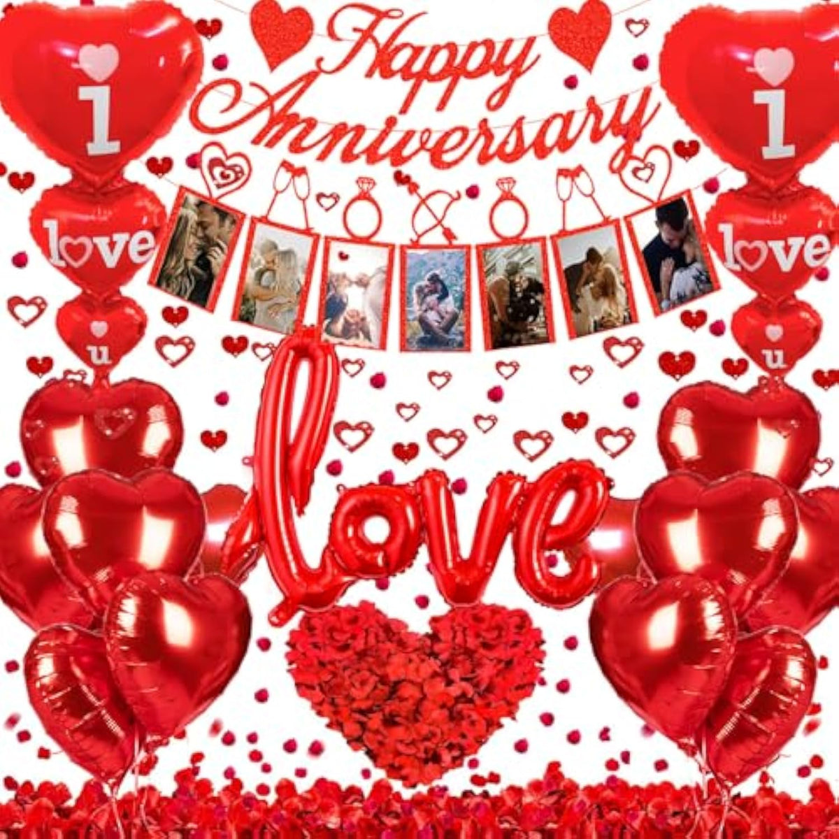 Happy Anniversary Decorations Set - Happy Anniversary Banner And Balloons, Photo Banner, I Love You And Red Heart Balloons With Rose Petals For Weddings, Valentine'S Day And Anniversaries