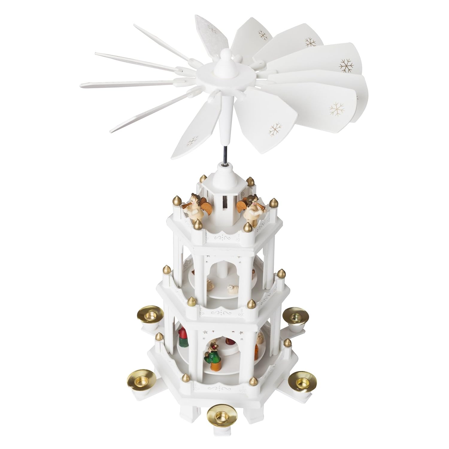 Christmas Pyramid - 18 Inches - White - Wooden Nativity Play - 3 Tier Carousel With 6 Candle Holders - Designed In Germany