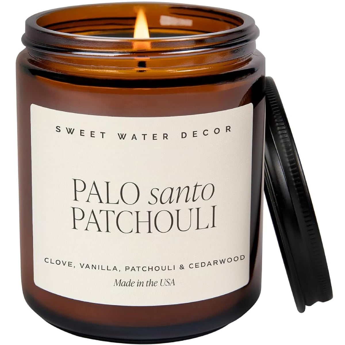 Palo Santo Patchouli Soy Candle - Black Pepper, Clove Leaf, Nutmeg And Lavender Scented Candles For Home - 9Oz Amber Jar + Black Lid, 40+ Hour Burn Time, Made In The Usa
