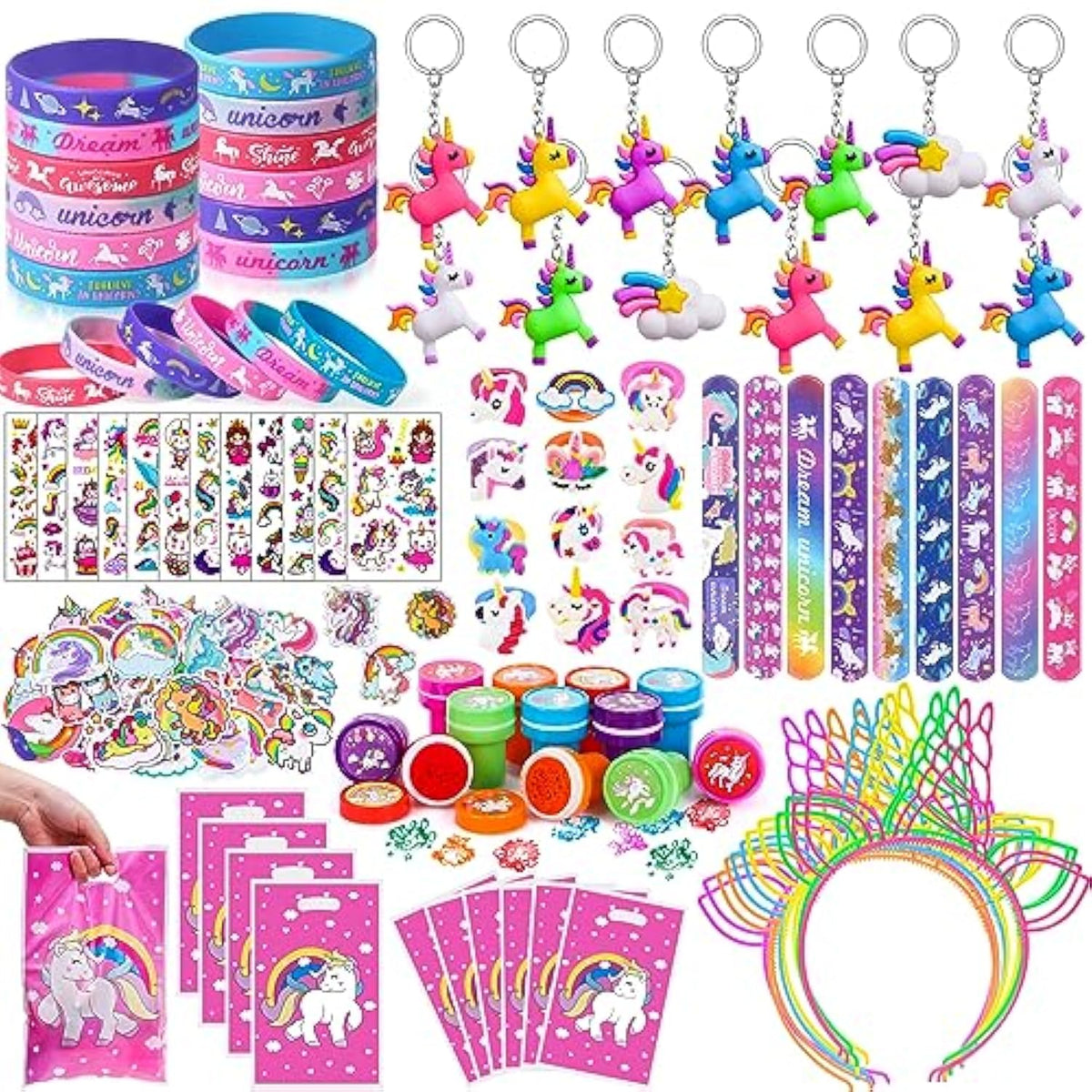 146Pcs Unicorn Party Favors Birthday Supplies Girls, Headband Bag Bracelet Stamper Keychain Slap Bracelet Tattoo Sticker Ring, Goodie Stuffer Pinata Filler Rainbow Unicorn Party Supplies Decor