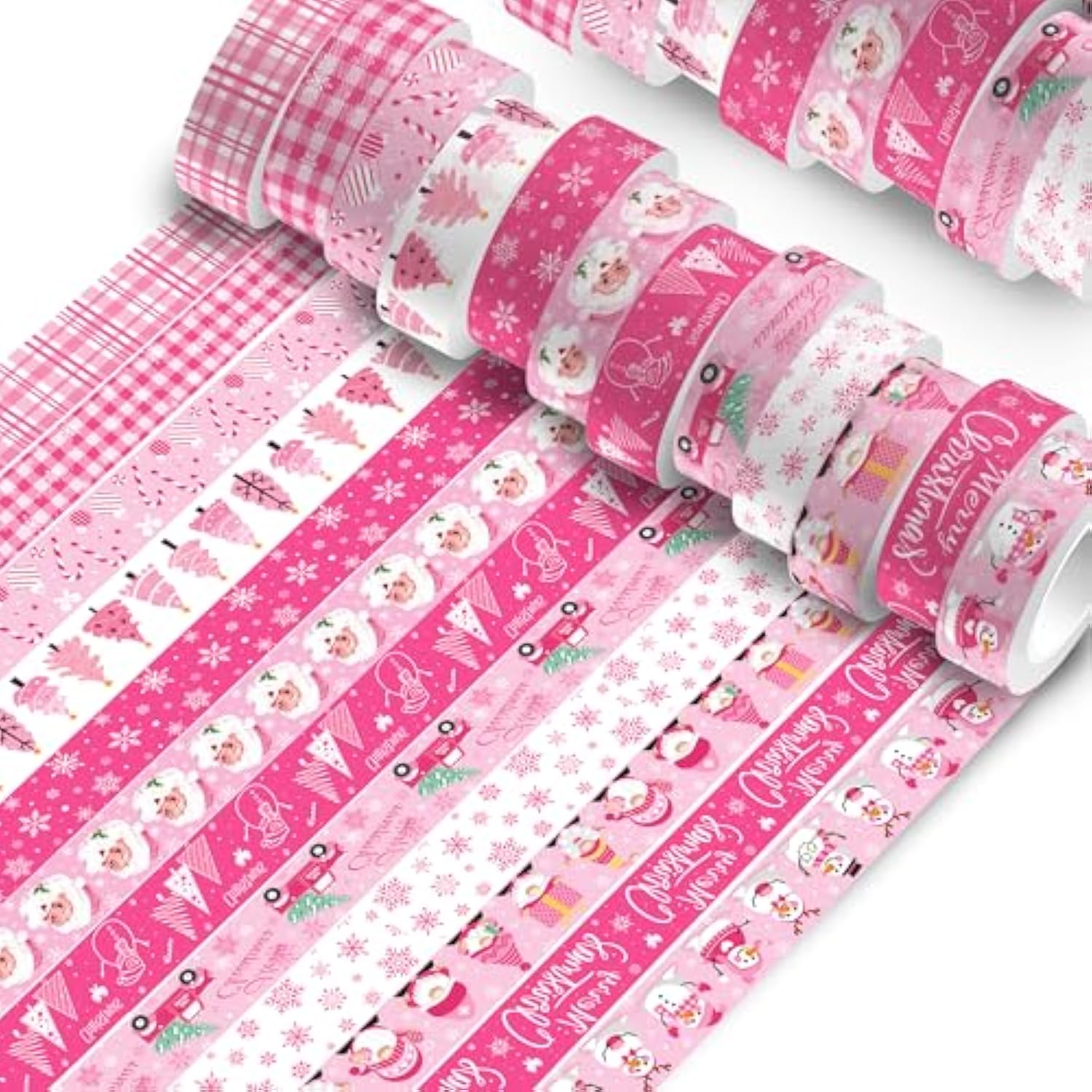 12 Rolls Pink Christmas Washi Tape Christmas Tree Snowman Santa Claus Snowflake Candy Cane Patterned Masking Tape For Scrapbook Journal Gift Wrapping Craft Supplies