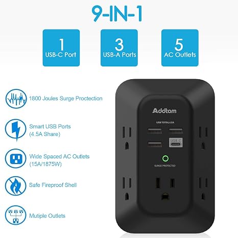 Surge Protector Outlet Extender 5 Outlets 4 USB Ports 1800J 3 Side Wall Plug Black