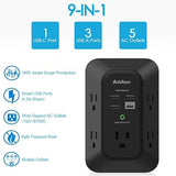 Surge Protector Outlet Extender 5 Outlets 4 USB Ports 1800J 3 Side Wall Plug Black