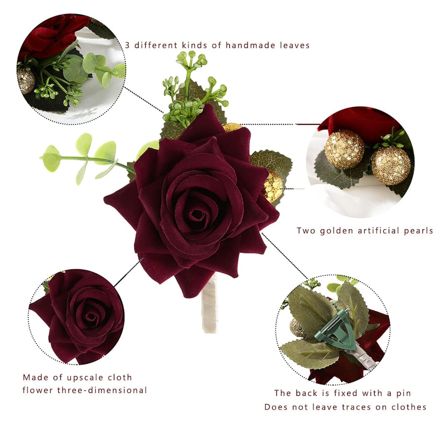 Wedding Flower Boutonniere Groom Rose Buttonholes Prom Suit Decoration For Men(Red Wine)