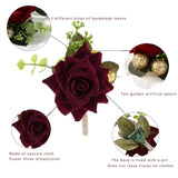 Wedding Flower Boutonniere Groom Rose Buttonholes Prom Suit Decoration For Men(Red Wine)