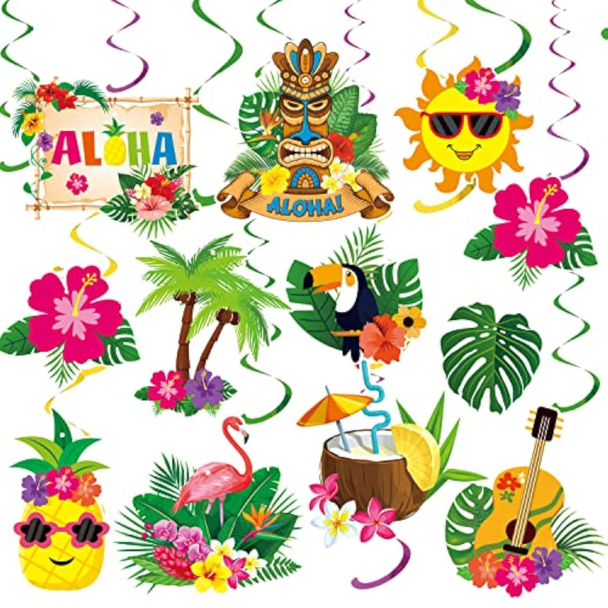 30Pcs Luau Party Decorations Hawaiian Decorations Tiki Decorations Tropical Party Decorations Luau Hanging Swirls Aloha Party Decorations, Flower Palm Flamingo Sign Foil Ceiling Hawaiian Decor