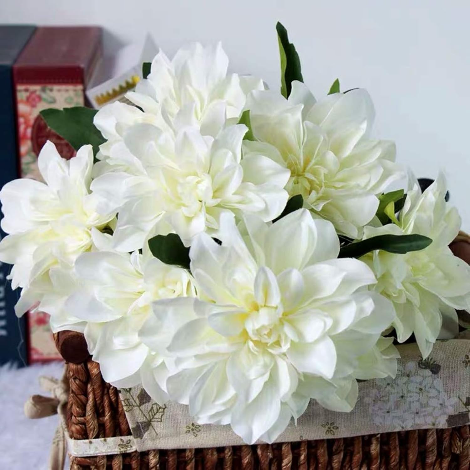 10 Heads Dahlia Fake Flowers Artificial Dahlia Flowers Faux Flowers For Home Wedding Party Office Supplies (White)