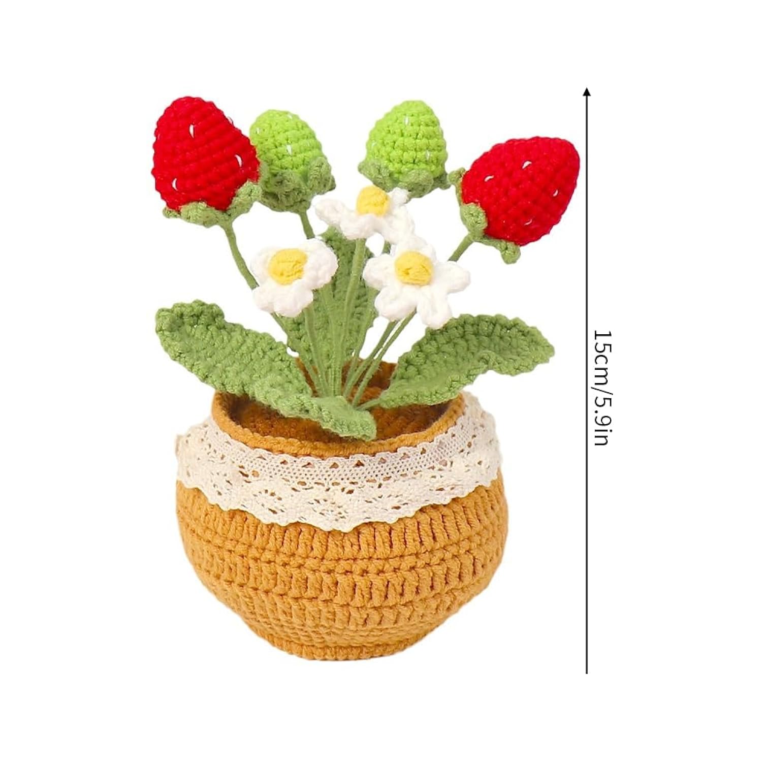 5.8" Knitting Crochet Flowers Potted Plants Artificial Strawberry Handmade Flowers For Friends Tabletop Living Room Home Decoration Car Dashboard Party Christmas Stocking Stuffers (Red)