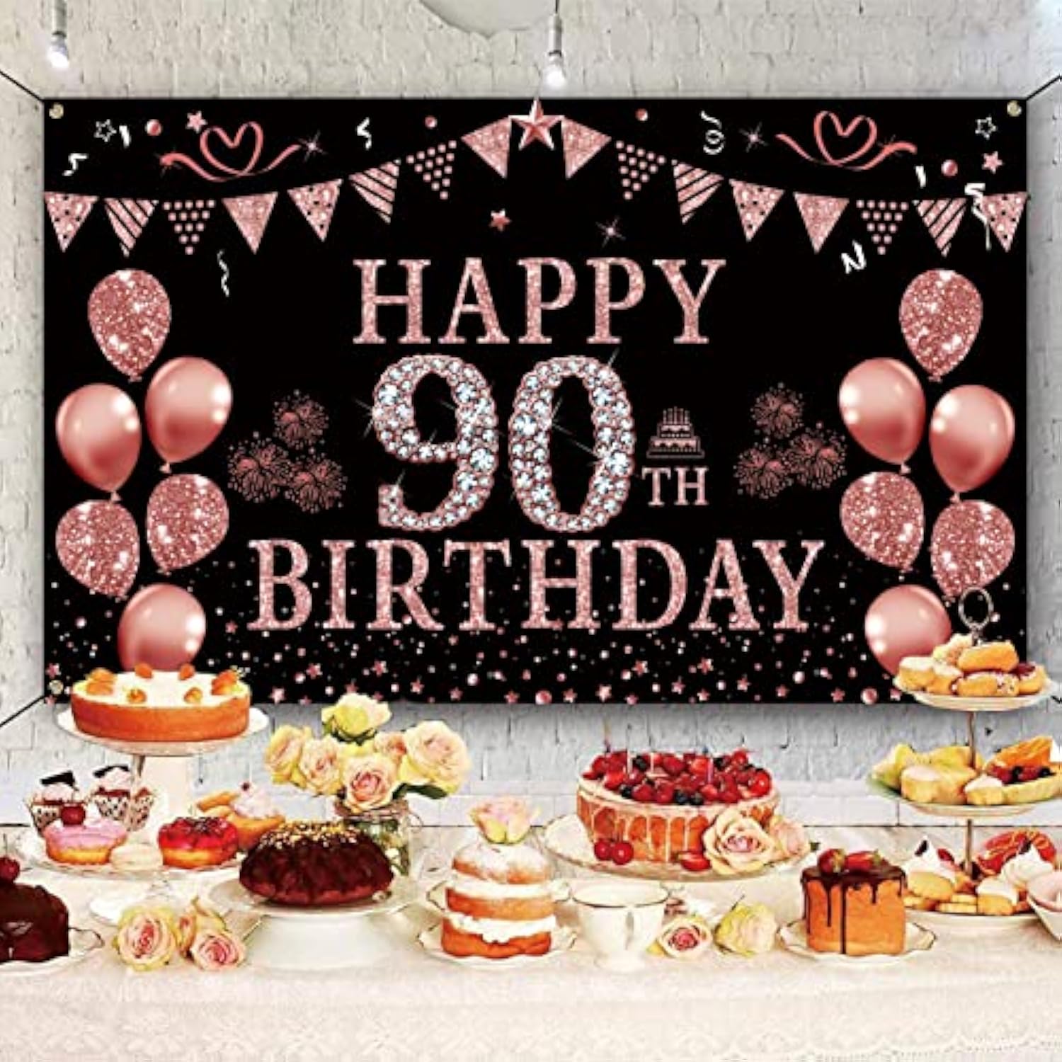 90Th Birthday Decorations Rose Gold 90 Year Old Birthday Backdrop Banner For Women Happy 90Th Birthday Party Suppiles Photography Supplies Background Happy 90Th Birthday Decoration
